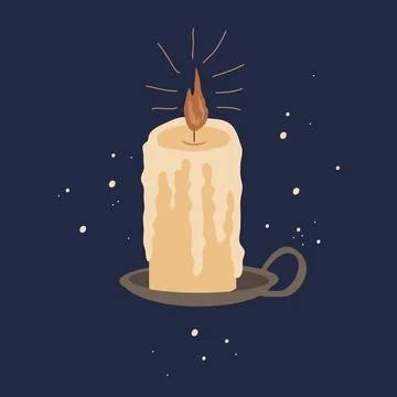Hand drawn burning candle in candle holder. Retro vintage candle with shiny s Stock Illustration
