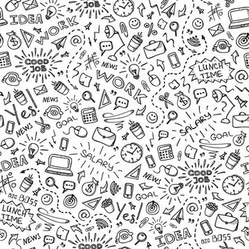 Hand drawn business seamless pattern with doodles icons set Illustrazione stock