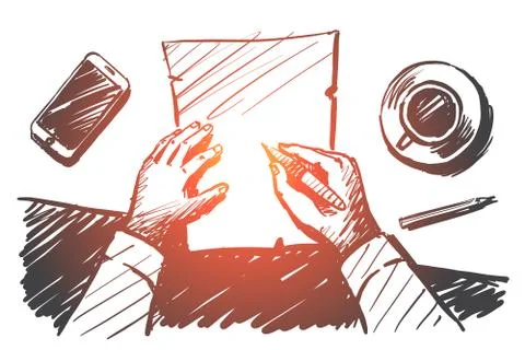 Hand drawn businessman hands making notes on paper Stock Illustration