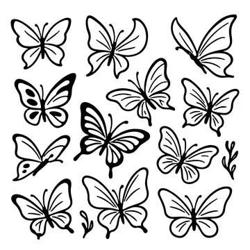 Hand Drawn Butterfly Doodle Icon Set Stock Illustration