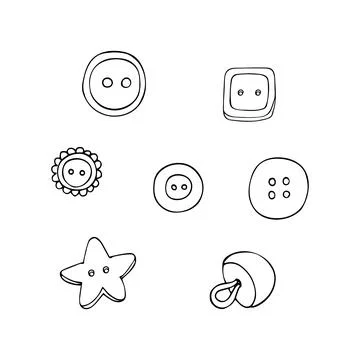 Hand-drawn buttons. Top view of various garment fasteners. Handmade needlew.. Stock Illustration
