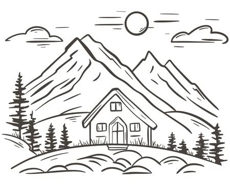 Hand drawn cabin in mountains Stock Illustration
