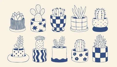 Hand drawn cactus and succulent plants in patterned pots in minimalist blue Stock Illustration