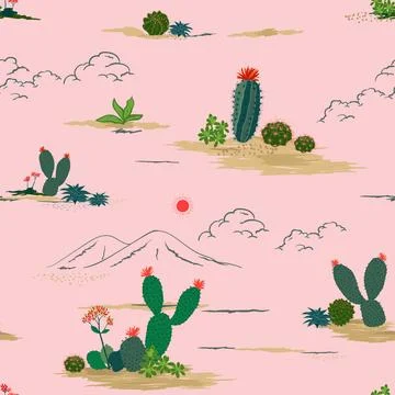 Hand drawn cactus and succulent plants seamless pattern on pastel pink back.. Illustrazione stock
