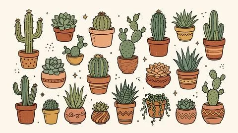 Hand drawn cactus and succulent potted plants vector collection for cozy deco Stock Illustration