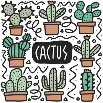 Hand drawn cactus doodle set Stock Illustration