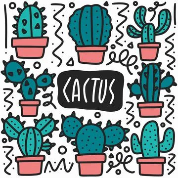 Hand drawn cactus doodle set Stock Illustration
