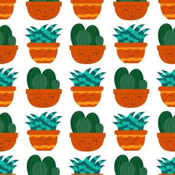 Hand drawn cactus plant flat seamless pattern. Cactus fabric pattern, cute po Stock Illustration