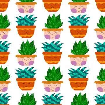 Hand drawn cactus plant flat seamless pattern. Cactus fabric pattern, cute po Stock Illustration