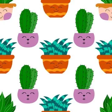 Hand drawn cactus plant flat seamless pattern. Cactus fabric pattern, cute po 스톡 일러스트