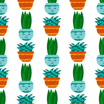 Hand drawn cactus plant flat seamless pattern. Cactus fabric pattern, cute po Stock Illustration