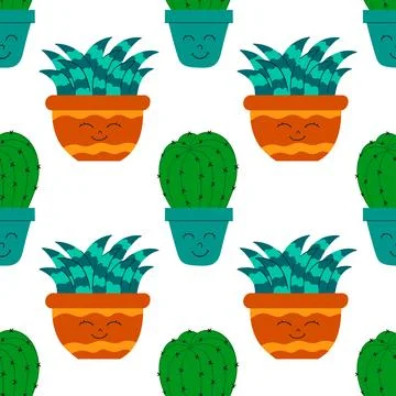 Hand drawn cactus plant flat seamless pattern. Cactus fabric pattern, natural Stock Illustration