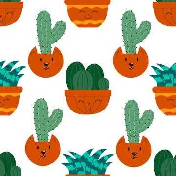 Hand drawn cactus plant flat seamless pattern. Cactus fabric pattern, natural Stock Illustration