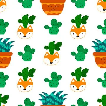 Hand drawn cactus plant. Flat seamless pattern. Cactus fabric pattern, cute p Stock Illustration