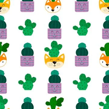 Hand drawn cactus plant. Flat seamless pattern. Cactus fabric pattern, cute p Stock Illustration
