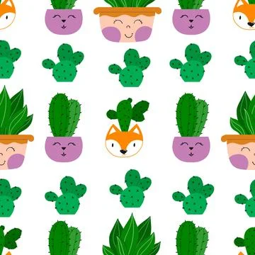 Hand drawn cactus plant. Flat seamless pattern. Cactus fabric pattern, cute p 스톡 일러스트