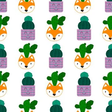 Hand drawn cactus plant. Flat seamless pattern. Cactus fabric pattern, cute p Stock Illustration