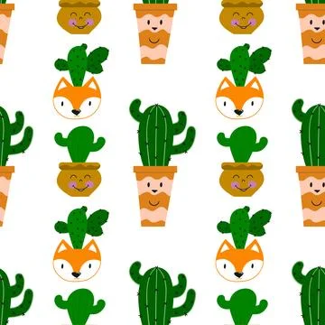 Hand drawn cactus plant. Flat seamless pattern. Cactus fabric pattern, cute p 스톡 일러스트