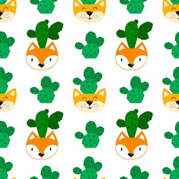 Hand drawn cactus plant. Flat seamless pattern. Cactus fabric pattern, cute p 스톡 일러스트
