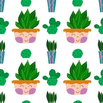 Hand drawn cactus plant. Flat seamless pattern. Cactus fabric pattern, cute p Stock Illustration