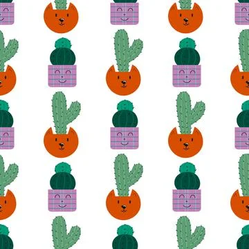 Hand drawn cactus plant. Flat seamless pattern. Cactus fabric pattern, cute p イラスト素材