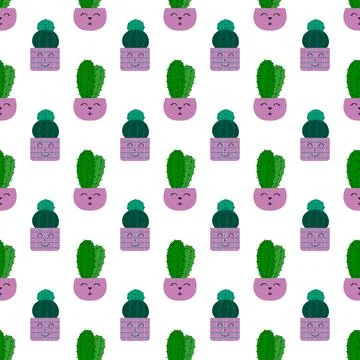 Hand drawn cactus plant. Flat seamless pattern. Cactus fabric pattern, cute p Stock Illustration