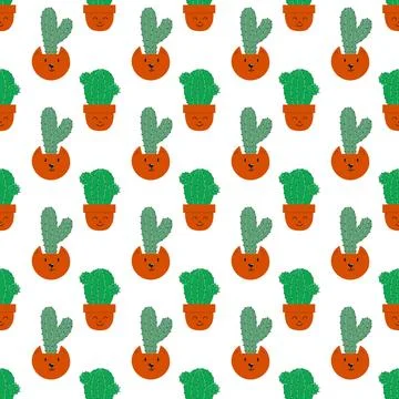 Hand drawn cactus plant. Flat seamless pattern. Cactus fabric pattern, cute p Stock Illustration