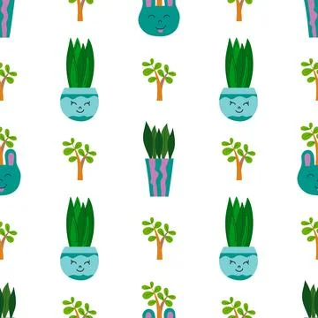 Hand drawn cactus plant. Flat seamless pattern. Cactus fabric pattern, cute p Stock Illustration