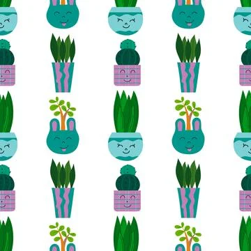Hand drawn cactus plant. Flat seamless pattern. Cactus fabric pattern, cute p Stock Illustration