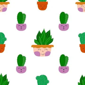 Hand drawn cactus plant. Flat seamless pattern. Cactus fabric pattern, cute p Stock Illustration