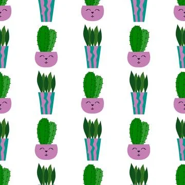 Hand drawn cactus plant. Flat seamless pattern. Cactus fabric pattern, cute p Stock Illustration