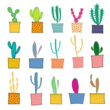 Hand drawn cactus in the pots. Vector illustration. Stock Illustration
