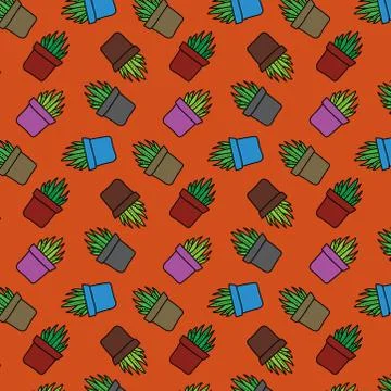 Hand drawn cactus seamless pattern. beautiful vivid succulent in pots. Stock Illustration