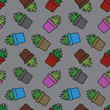 Hand drawn cactus seamless pattern. beautiful vivid succulent in pots. Stock-Illustration