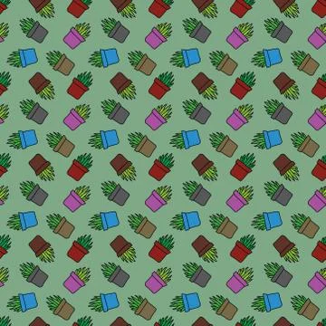 Hand drawn cactus seamless pattern. beautiful vivid succulent in pots. Stock Illustration