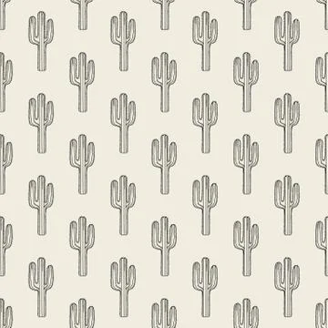 Hand drawn cactus seamless pattern. Engraving vintage style. Stock Illustration
