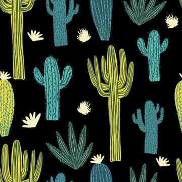 Hand drawn cactus seamless pattern. Doodle exotic wallpaper. Stock Illustration