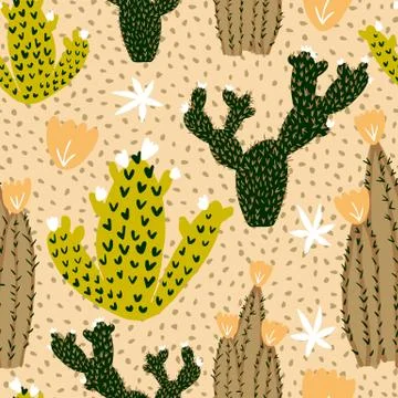 Hand drawn cactus seamless pattern on polka dot background. Stock Illustration