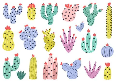 Hand drawn cactuses set. Cute cacti collection in Scandinavian style 库存插图