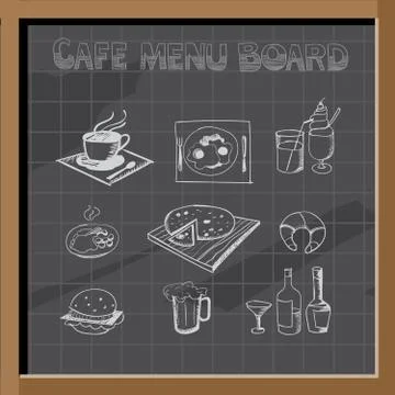 Hand drawn cafe menu board signs and food collection on chalkboard Stock Illustration
