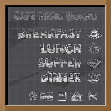 Hand drawn cafe menu board signs and food collection on chalkboard Stock Illustration