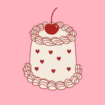 Hand drawn cake with cherrie. Line art sweet pastry food. Whimsical doodle .. Stock Illustration