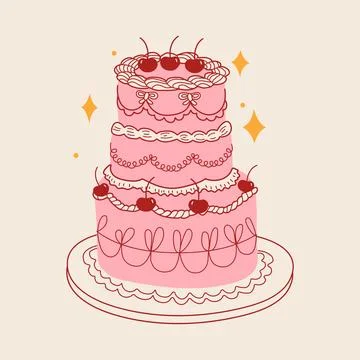 Hand drawn cake with cherries. Line art sweet pastry food. Whimsical doodle.. Stock Illustration