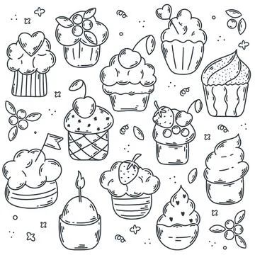 Hand drawn cake set with berries, candle, topper, cherry, strawberry Stock Illustration
