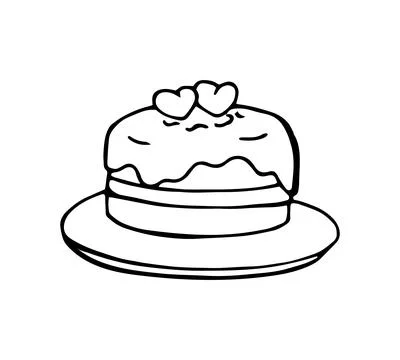 Hand drawn cake with two hearts on plate romantic dessert illustration Stock Illustration