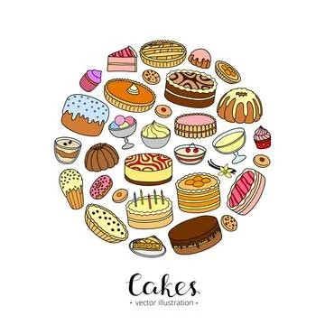 Hand drawn cakes in circle. Stock Illustration