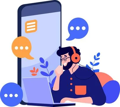 Hand Drawn Call center characters with smartphones in the concept of online.. Stock Illustration