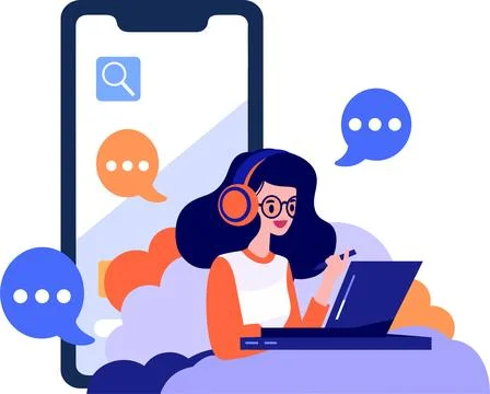 Hand Drawn Call center characters with smartphones in the concept of online.. Stock Illustration