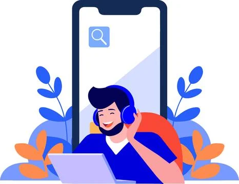 Hand Drawn Call center characters with smartphones in the concept of online.. Stock Illustration
