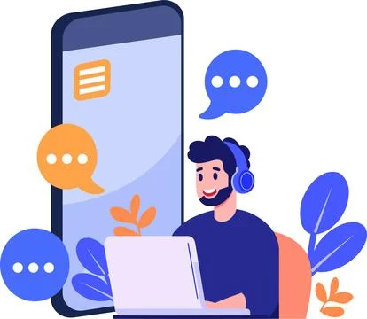 Hand Drawn Call center characters with smartphones in the concept of online.. Stock Illustration
